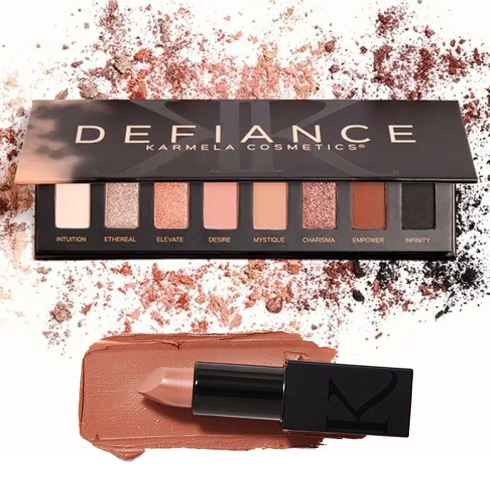 NIB Karmela Defiance Nude Eyeshadow Palette & Silk Matte Lipstick in Divine